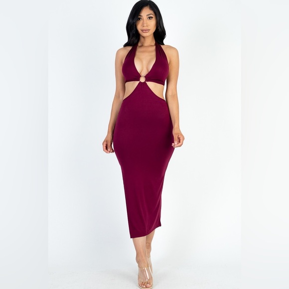 LAST ONE Sexy Burgundy Wine Front Cut Out Halter Neck Back Tie Midi Dress - Picture 2 of 5